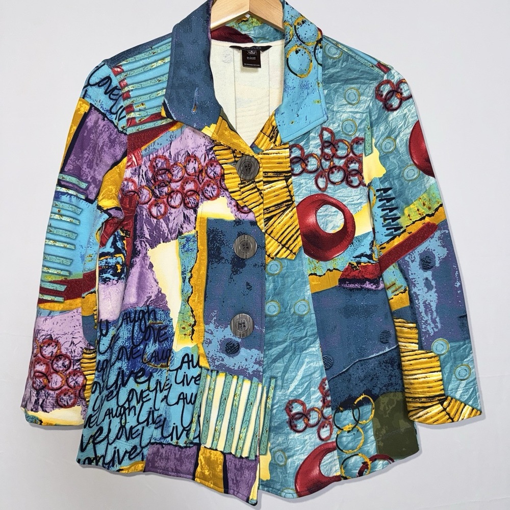 Multiples Abstract‎ Art Print Button Collared Ruffle Pockets Jacket Women's S - Picture 2 of 13